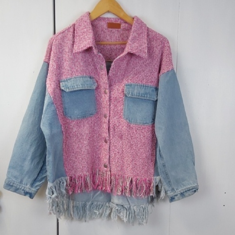 Umgee| Womens Denim Blue/ Pink Shaket Jacket Fringe Western Cowgirl Sz. XL